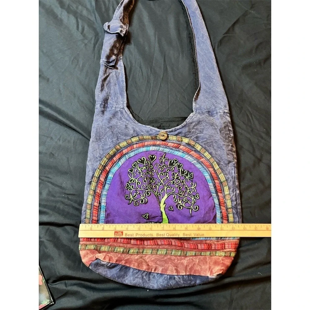 Kathmandu Womens Boho Hippie Crossbody Hobo Bag Blue Gray Patchwork Tree of life
